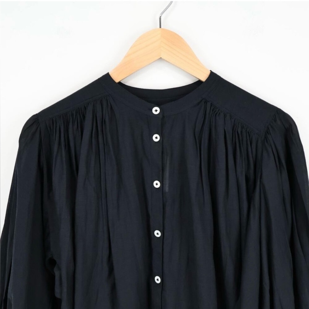 Madewell Shirred Crewneck Balloon Sleeve Button Up Peasant Blouse in Black, XXS - Picture 9 of 14